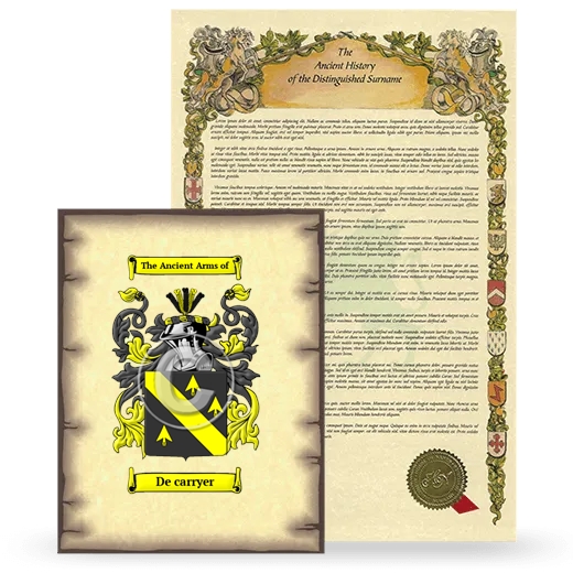 De carryer Coat of Arms and Surname History Package
